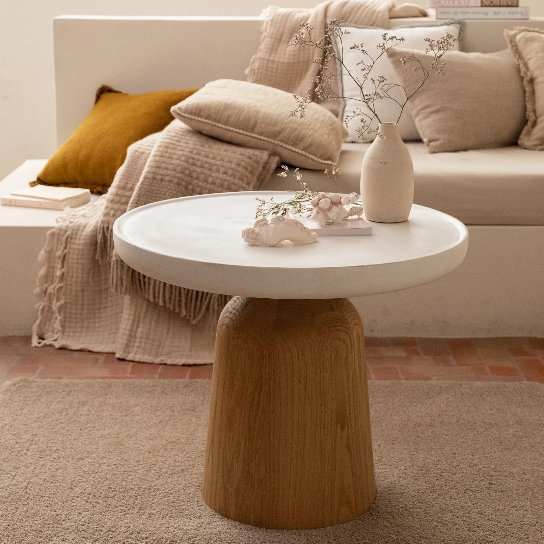 Table Basse*alinea Table basse ronde en chêne et béton - écru Blanc