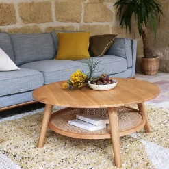 Table Basse*alinea Table basse ronde en chêne et rotin D90cm - Bois clair