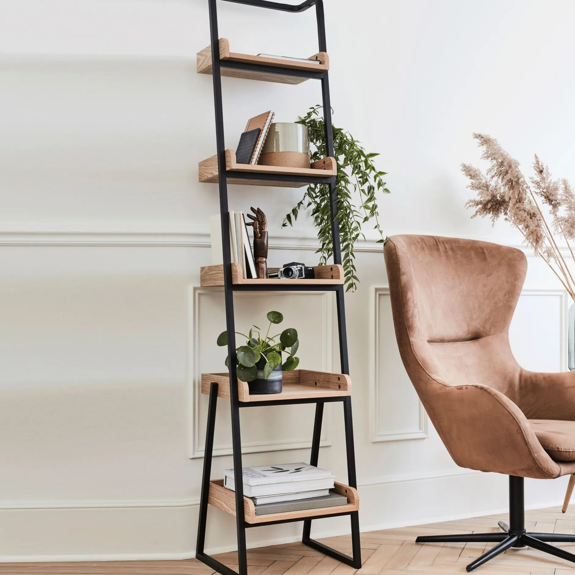 Bibliothèque Et Étagère*alinea Étagère 5 tablettes plaquée frêne et métal noir L40cm - Bois clair