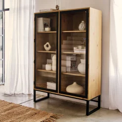 Buffet*alinea Vitrine en pin massif et métal L120xl45xH175cm - Bois clair